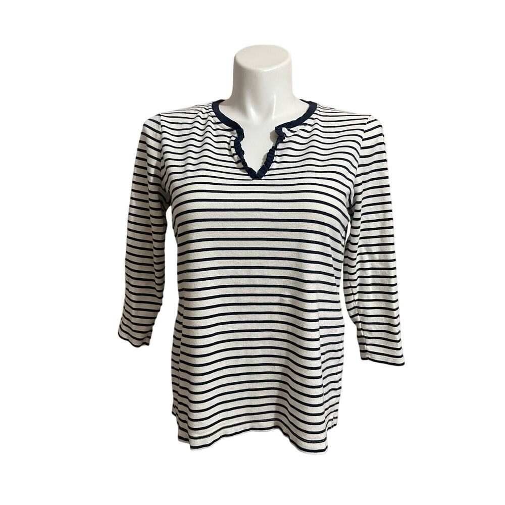 LANDS END Striped 3/4 Sleeve Tee‎ Navy White Ruffled V-Neck Coastal SZ 14-16